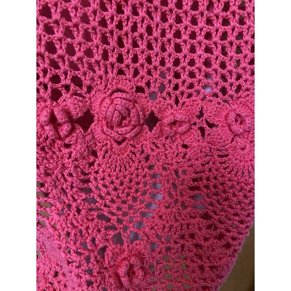 Vintage Y2K Does 70s Red Dress Crochet Trim Bell Sleeve Knit Mini Sz XL Boho - Picture 7 of 8